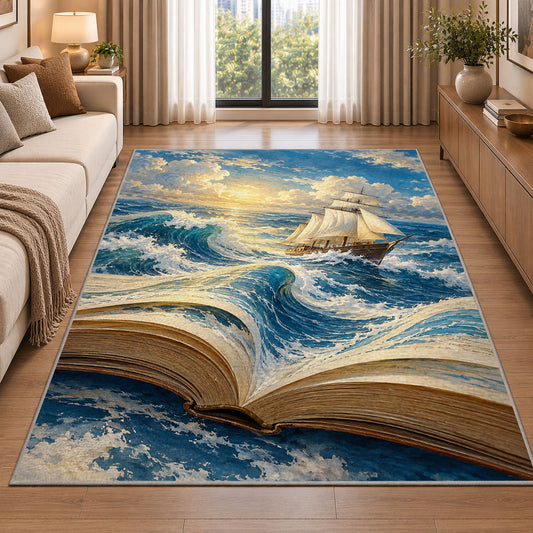 Book Pages Become the Sea rug in a bright living room with a sofa