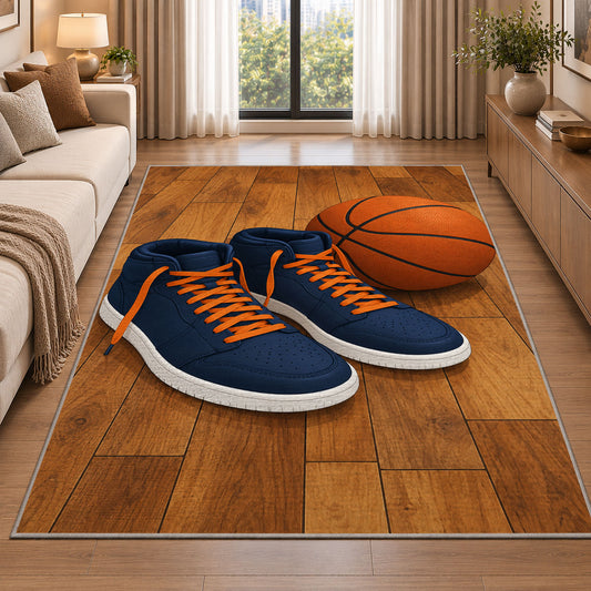 High-Top Sneakers and Ball rug in a bright living room with a sofa