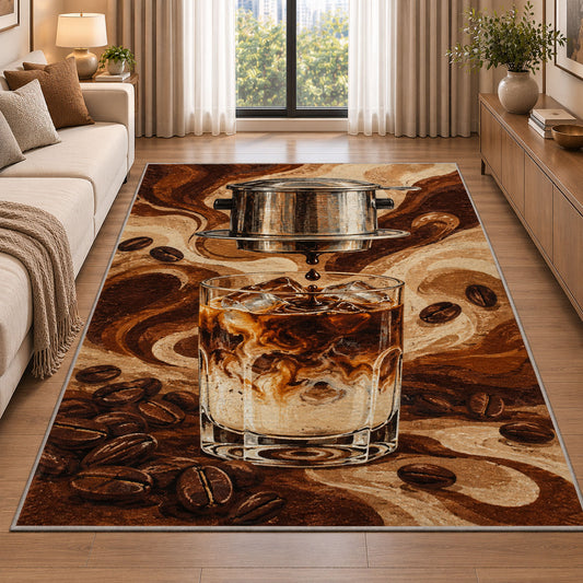 Vietnamese Iced Coffee rug in a bright living room with a sofa