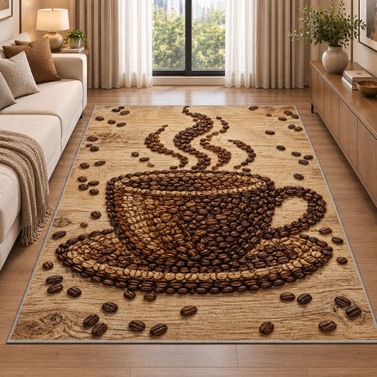 Coffee Bean Cup Art rug in a bright living room with a sofa