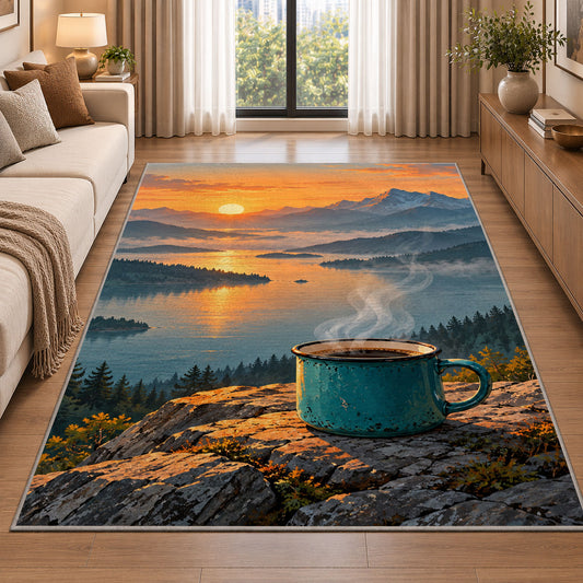 Steaming Camp Mug at Dawn rug in a bright living room with a sofa
