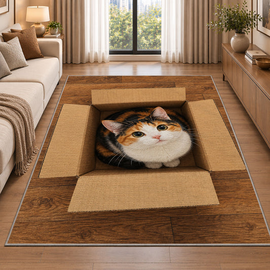 Calico Cat in a Box rug in a bright living room with a sofa
