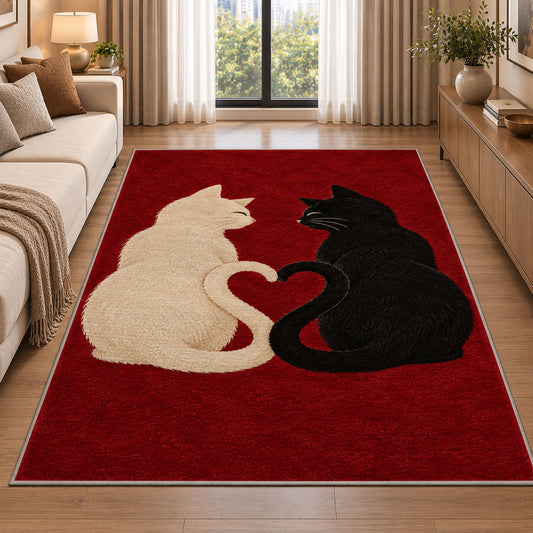 Cats with Heart Tails rug in a bright living room with a sofa