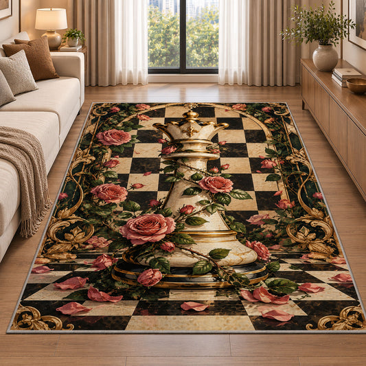 chess queen wrapped in roses rug in a bright living room with a sofa