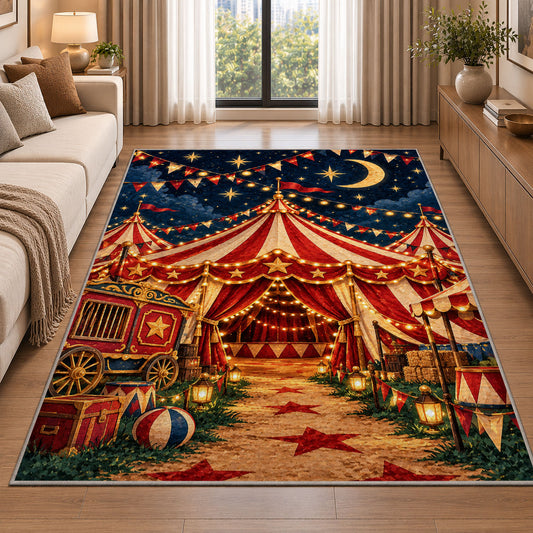Circus Tent at Night Rug in a bright living room with a sofa