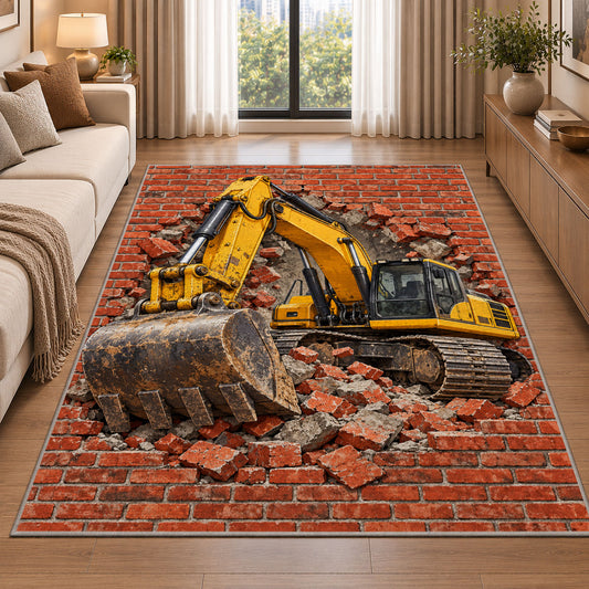 Excavator Brick Wall Rug in a bright living room with a sofa