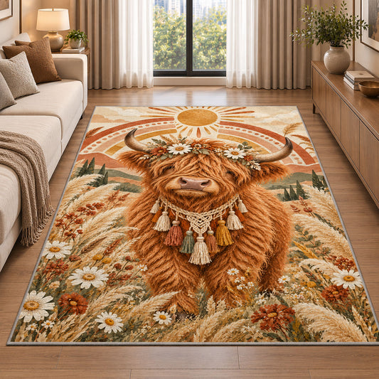 Boho Highland Cow Rug in a bright living room with a sofa