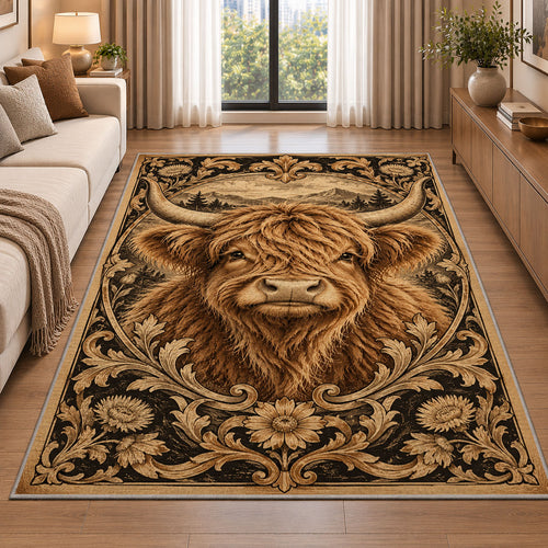 Vintage Highland Cow Rug in a bright living room with a sofa