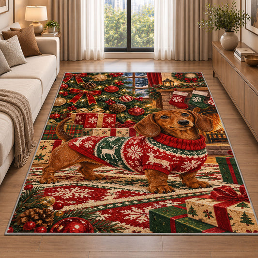 Christmas Dachshund Rug in a bright living room with a sofa