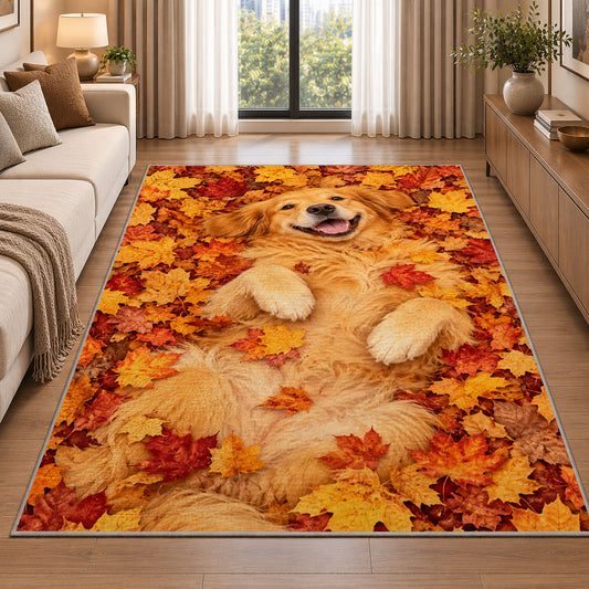 Golden Retriever in Autumn Leaves rug in a bright living room with a sofa
