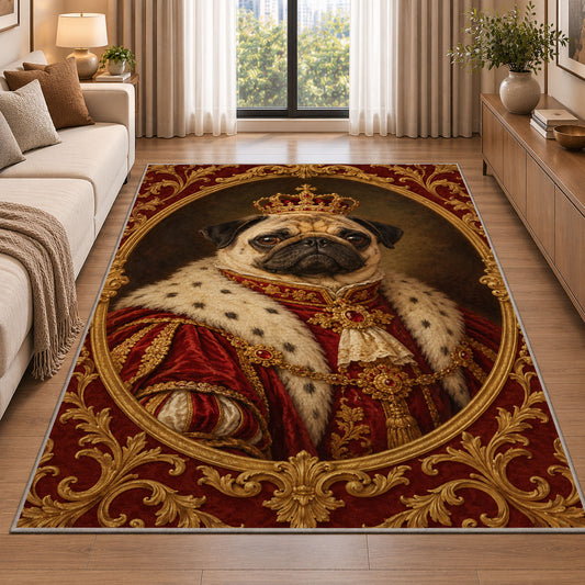 Royal Pug Portrait rug in a bright living room with a sofa