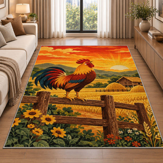 Rooster at Sunrise rug in a bright living room with a sofa