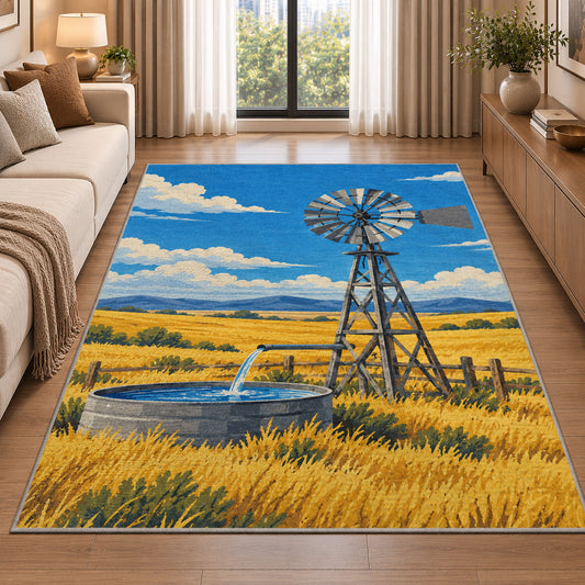 Windmill on the Prairie rug in a bright living room with a sofa