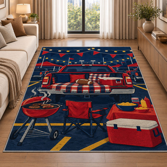 Football Tailgate Party rug in a bright living room with a sofa