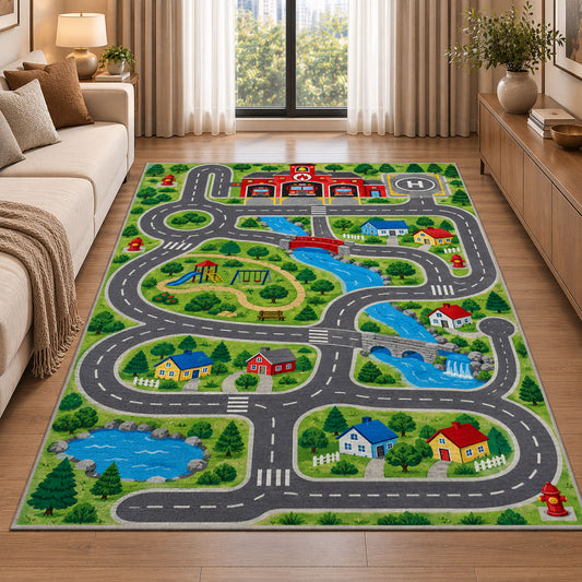 Fire Station Town Road rug in a bright living room with a sofa