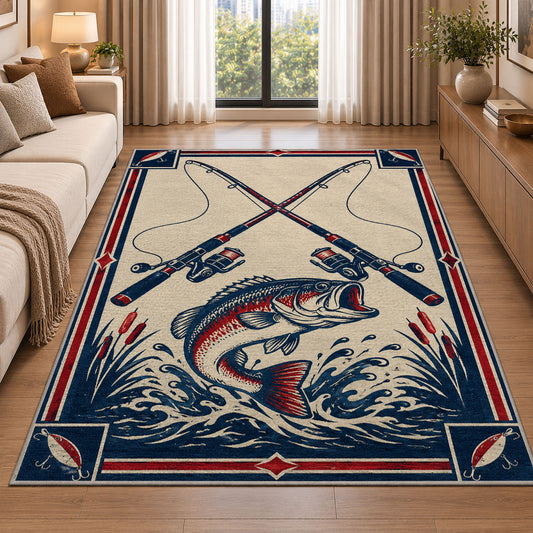 Crossed rods fish emblem rug in a bright living room with a sofa