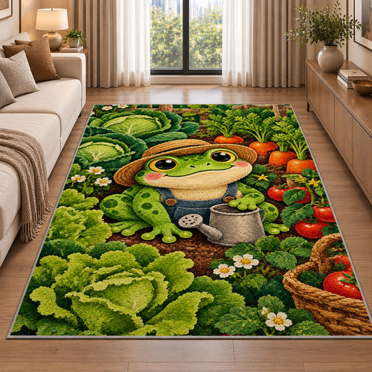 frog in a vegetable garden rug in a bright living room with a sofa