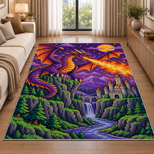 Pixel Dragon and Castle rug in a bright living room with a sofa