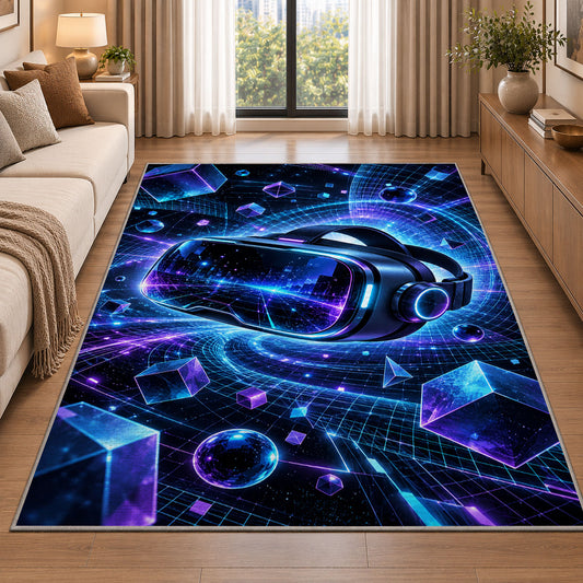 VR Headset Cyberspace rug in a bright living room with a sofa