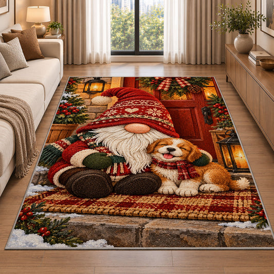gnome and puppy on the porch rug in a bright living room with a sofa