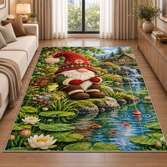 gnome fishing at a pond rug in a bright living room with a sofa