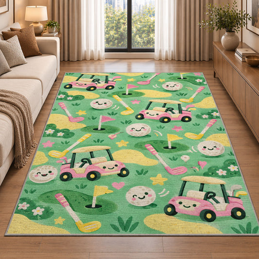 Kids golf rug in a bright living room with a sofa