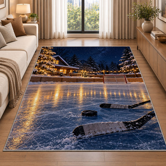 Backyard Rink at Night rug in a bright living room with a sofa