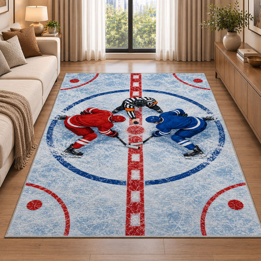 Faceoff at Center Ice rug in a bright living room with a sofa