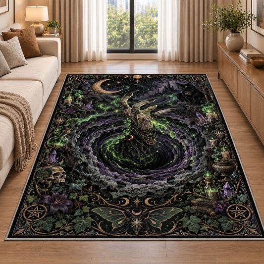 A witch above a green glowing portal with vines, skulls, and mystical borders rug in a living room beside a sofa