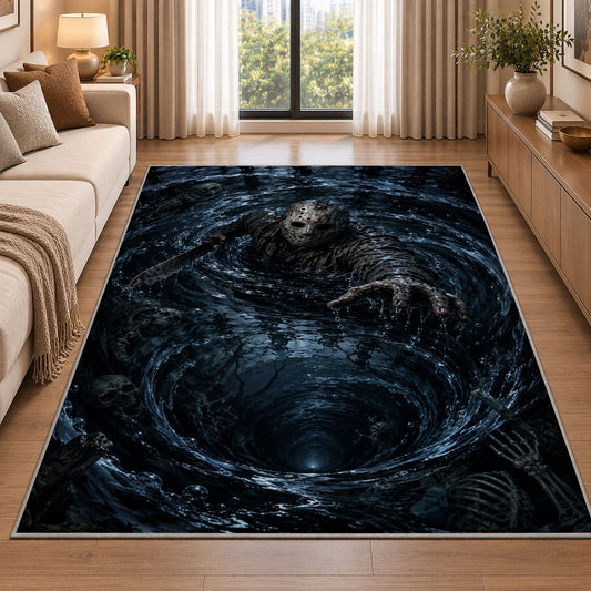 A masked figure reaching out from a dark flooded stone vortex rug in a living room beside a sofa