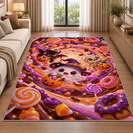 Cute ghost witch candy swirl area rug in a living room beside a sofa