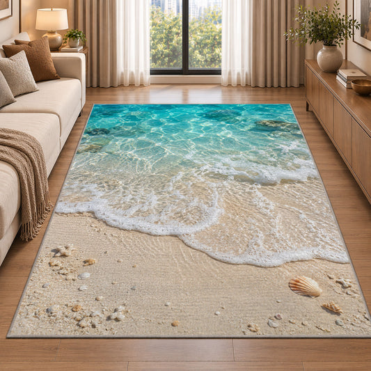 Turquoise Beach Shore Rug, Sandy Ocean Wave Area Carpet for Coastal Bedroom and Living Room Decor - image 2