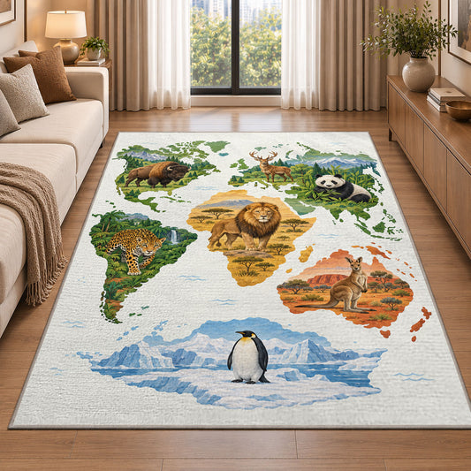 Illustrated Animal World Map Rug, Colorful Geography Area Carpet for Kids Bedroom and Playroom - image 2