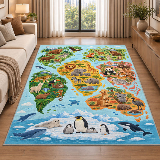 Blue Ocean Animal World Map Rug, Illustrated Geography Area Carpet for Kids Bedroom and Playroom - image 2