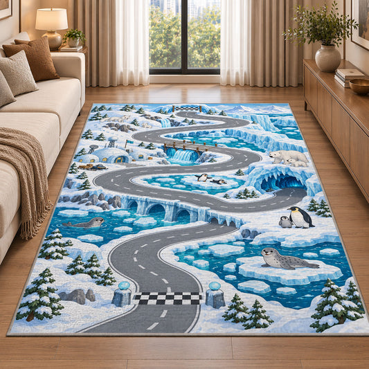 Snowy Mountain Road Rug, Blue Winter Landscape Area Carpet for Kids Bedroom and Playroom Decor - image 2