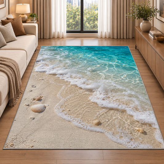Turquoise Shore Waves Rug, room view 2