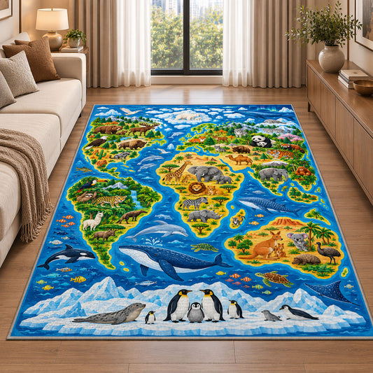 Wildlife Continent Map Rug, Printed Area Carpet for Kids Bedroom and Cozy Living Room Decor - image 2