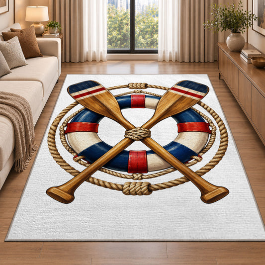Crossed oars and life ring rug in a bright living room with a sofa