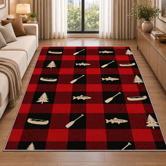 Buffalo plaid lake icons rug in a bright living room with a sofa
