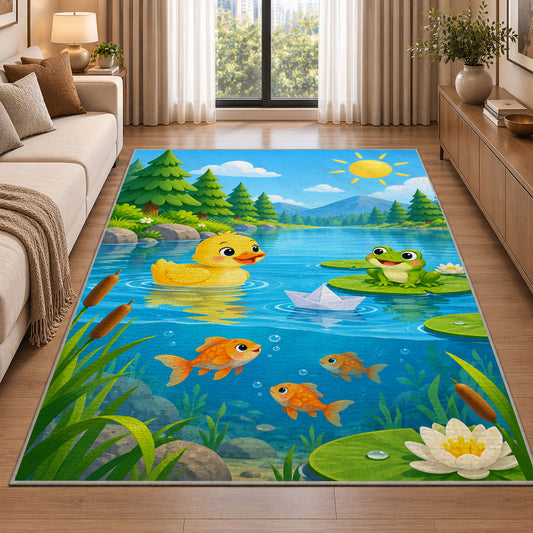 Cartoon pond with duck and frog rug in a bright living room with a sofa
