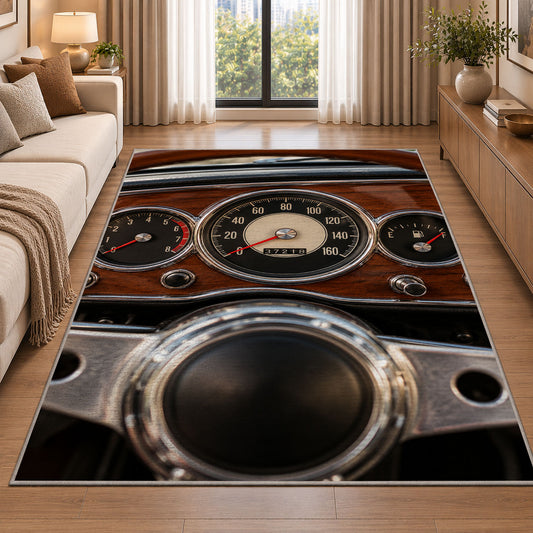Vintage dashboard gauges rug in a bright living room with a sofa