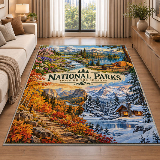 National parks through the seasons rug in a living room beside a sofa