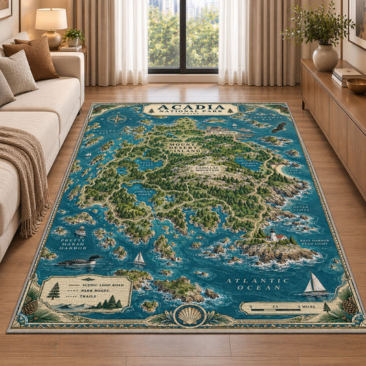 Illustrated Acadia coastal map rug in a living room beside a sofa