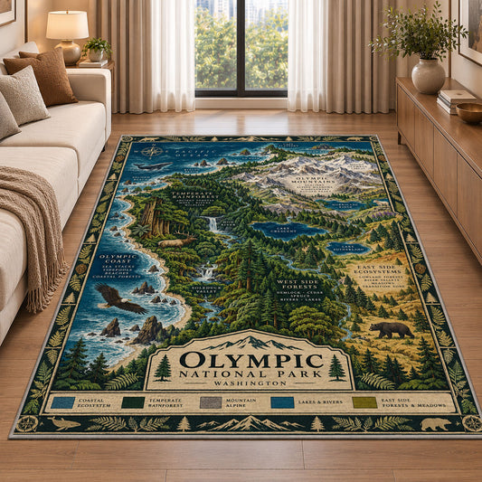 Illustrated Olympic National Park map rug in a living room beside a sofa