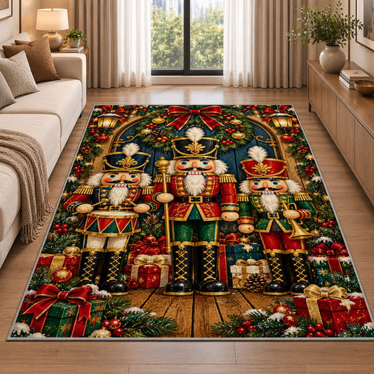 Three Nutcracker Soldiers Rug in a bright living room with a sofa