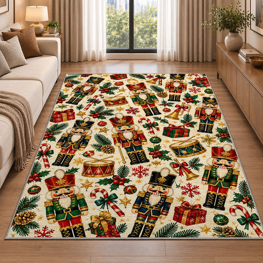 Nutcracker Pattern Christmas Rug in a bright living room with a sofa