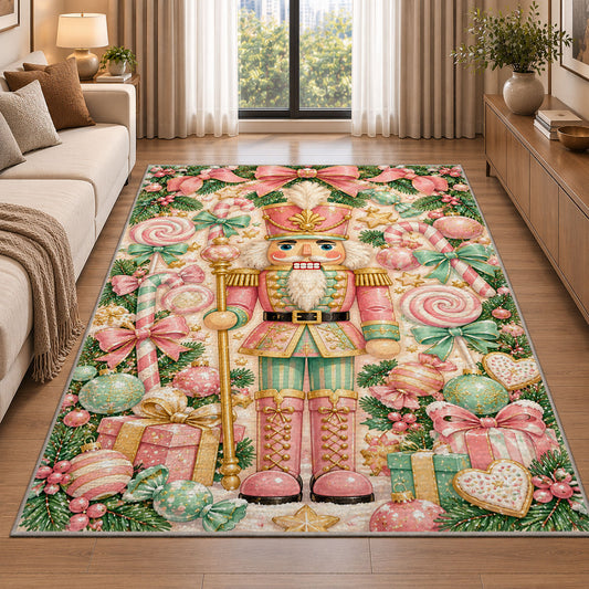 Pastel Pink Nutcracker Rug in a bright living room with a sofa