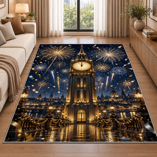 Clock tower midnight fireworks rug in a bright living room with a sofa