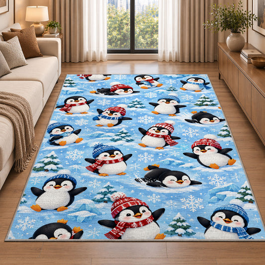 Penguin Pattern Rug in a bright living room with a sofa