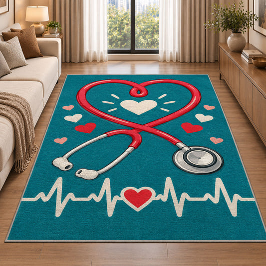 Heart Stethoscope Nurse Rug in a bright living room with a sofa